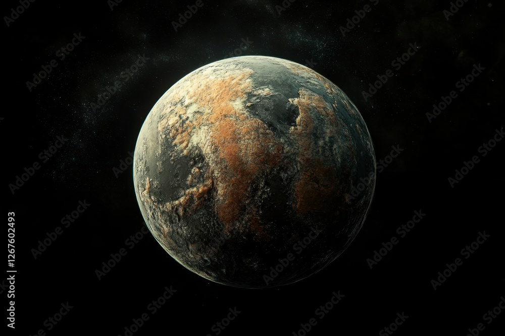 Poster exploration of a distant planet with varied terrain and mysterious features in the cosmos