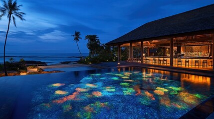 Obraz premium A stunning resort pool at night with colorful underwater lighting and a stylish cocktail bar.