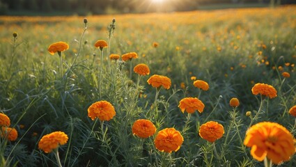 Obraz premium Marigold Flowers Blooming in Sunlit Meadow with Vibrant Orange Petals and Lush Greenery Under the Warm Glow of Sunset