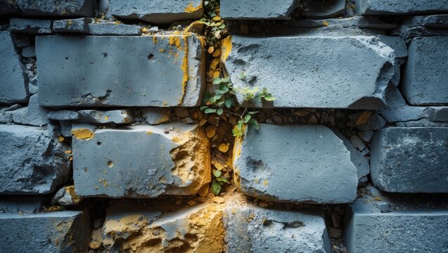 Gray stone masonry wall texture with moss and cracks showcasing natural aging and weathering effects. High-resolution background for design.