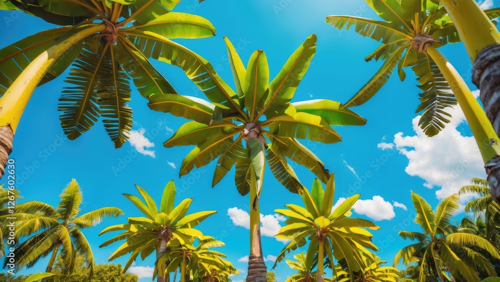 Poster vibrant banana trees under bright blue sky creating tranquil atmosphere with clear space for text ad