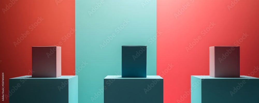 Poster a modern and colorful abstract composition featuring three geometric cubes on pedestals against a vi