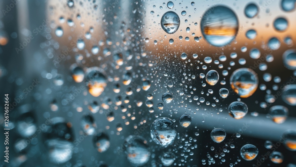 Poster close-up view of water droplets on glass surface reflecting soft sunset light and creating a serene 