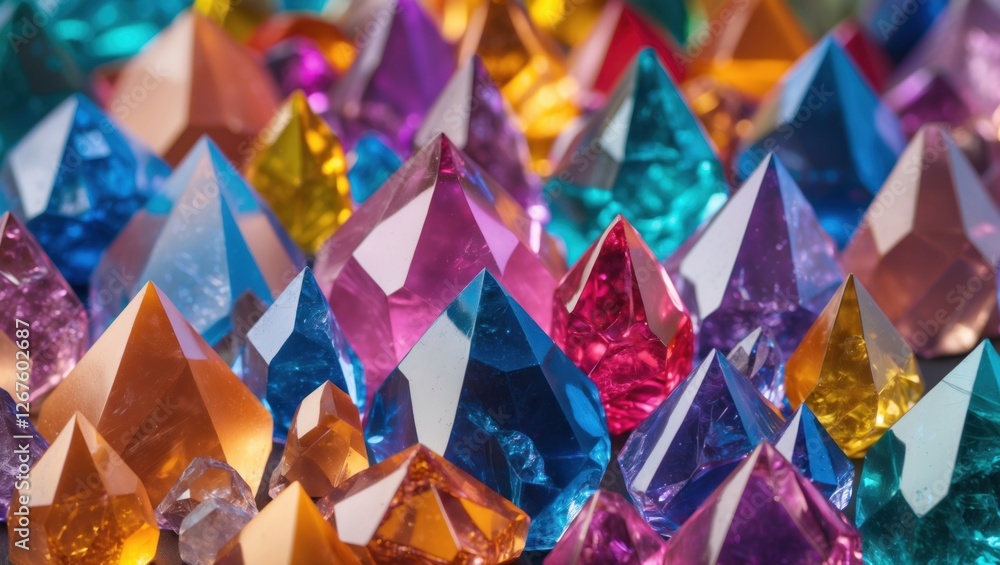Poster colorful abstract background featuring a close-up of sparkling crystals in various shapes and vibran