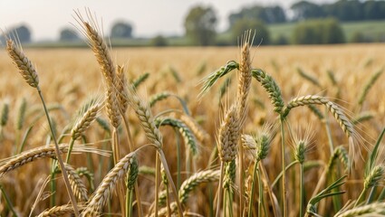 Fototapeta premium Ripening Barley and Rye in a Golden Field with Lush Green Background and Space for Text in Rural Landscape Setting