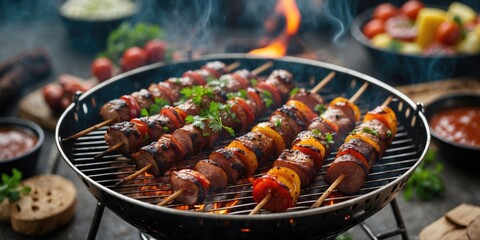 Grilled skewers on barbecue with vibrant vegetables and meats showcasing smoky flavor ideal for summer gatherings and outdoor events.