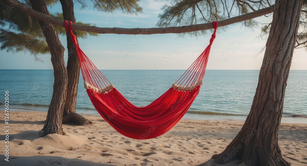 Poster tranquil beach scene with red hammock suspended between trees overlooking calm ocean waves and empty