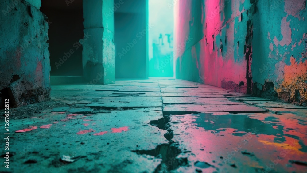 Poster abstract illuminated corridor with cracked cement floor and colorful reflections creating a mysterio