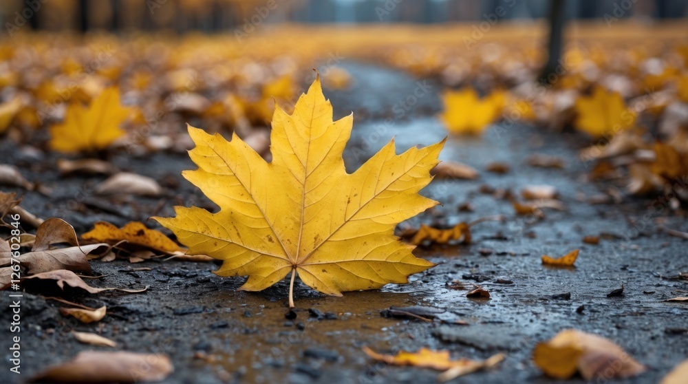 Poster close-up of a vibrant yellow maple leaf on a wet pathway surrounded by autumn foliage with blurred b