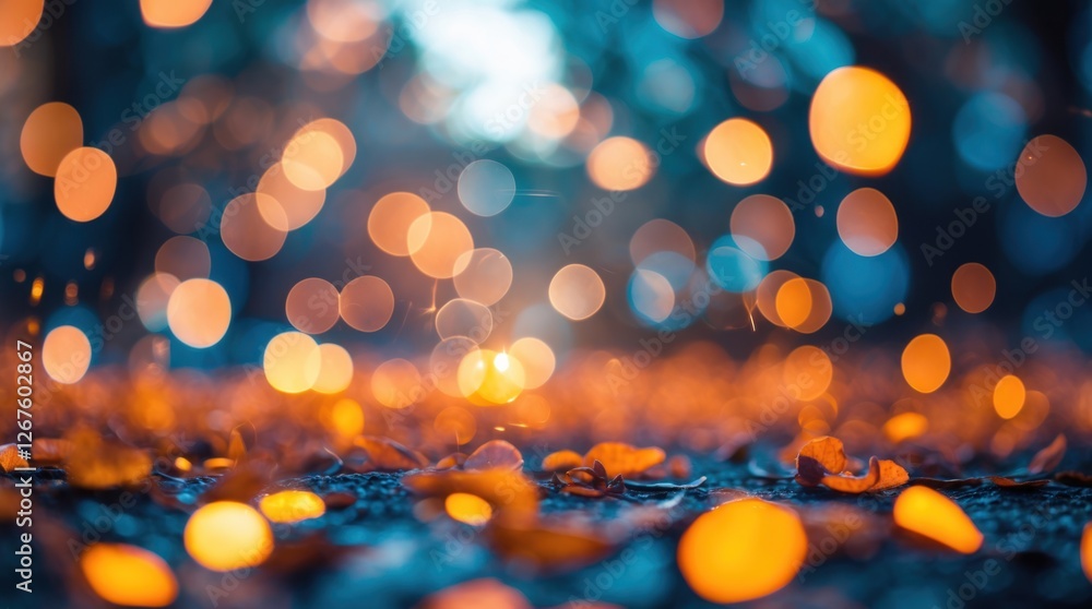 Poster autumn bokeh effect soft lights with fallen leaves in nature background