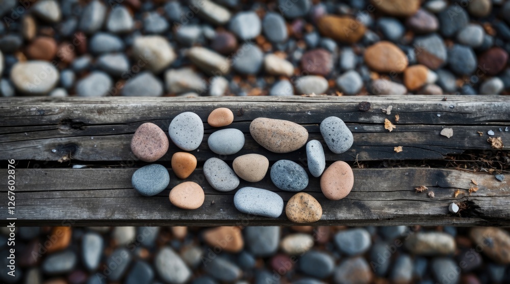 Aufkleber assorted small stones arranged on a rustic wooden bridge amidst a textured background of pebbles and