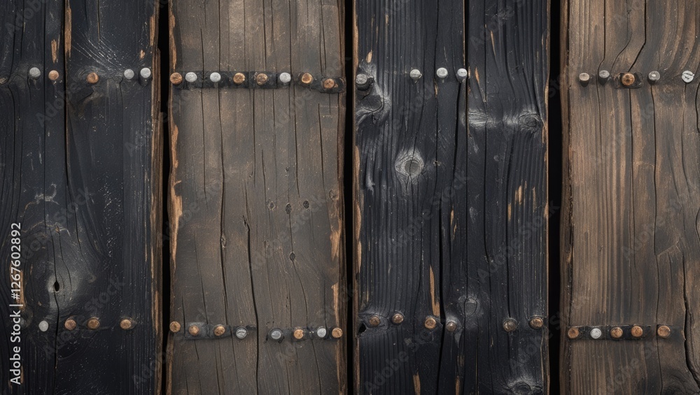 Poster aged wooden planks with blackened surfaces and gray veined nails creating a rustic and textured back