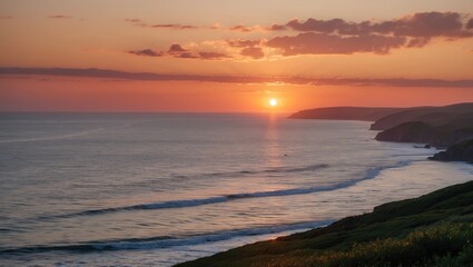Fototapeta premium Serene Sunset Over Calm Northern Coastline with Gentle Waves and Colorful Skies