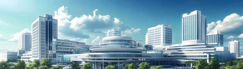 A modern city skyline featuring innovative architecture with tall buildings under a clear blue sky. This vibrant urban landscape showcases design and growth in architecture.