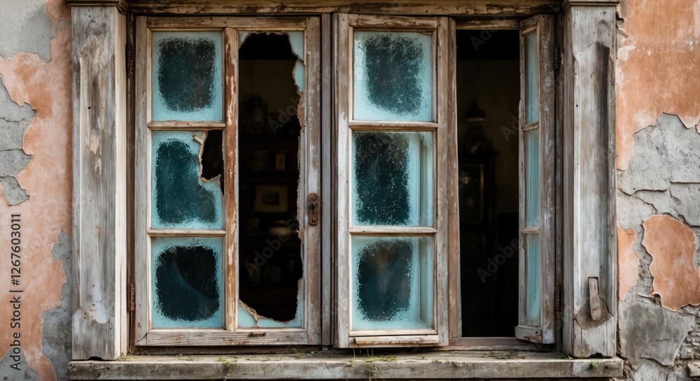 Poster abandoned old window with broken glass and peeling paint showcasing weathered rustic charm and histo