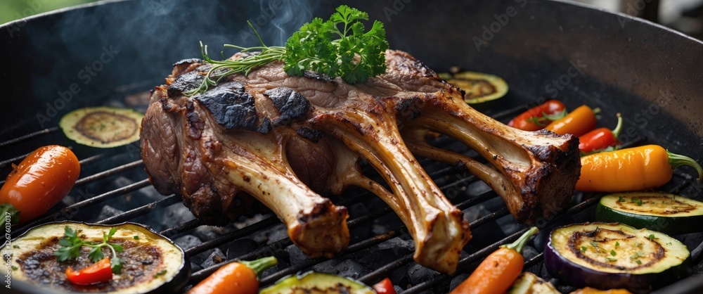 Poster grilled roasted meat on bones with colorful charred vegetables and fresh parsley garnish on a charco