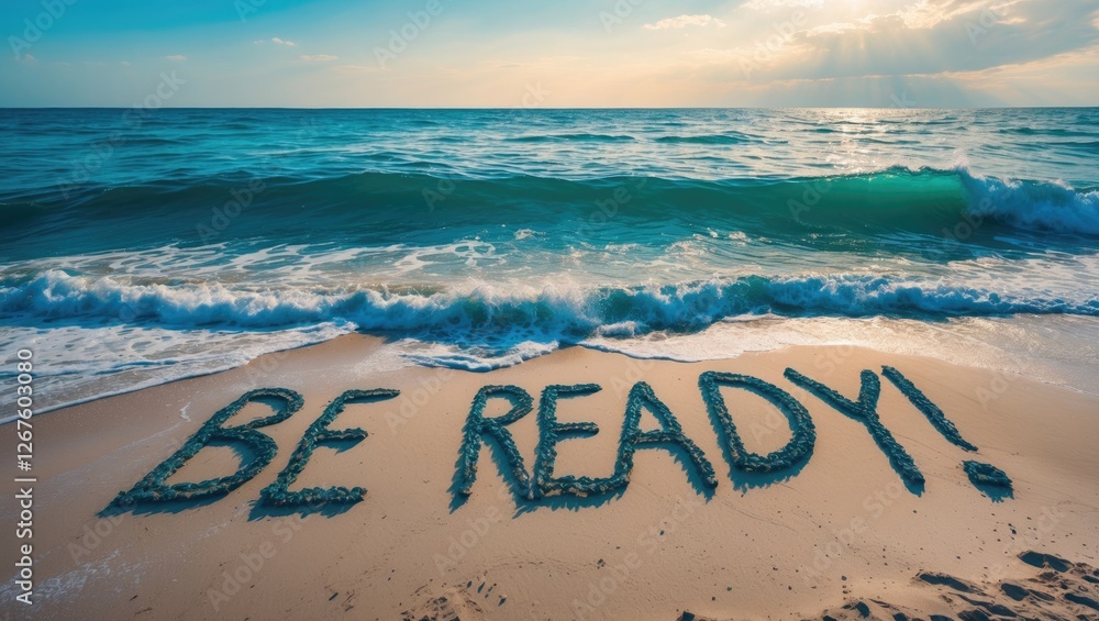 Poster message of readiness in sand on beach with wave and azure sea creating a vacation atmosphere invitin