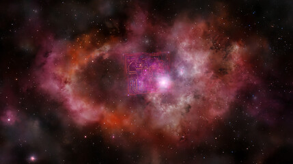 Naklejka premium Digital Circuitry Nebula Cosmic Web of Interconnectedness Innovation Galaxy Exploration Backdrop