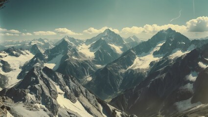 Aerial view of majestic snow-capped mountains under a blue sky with scattered clouds showcasing the beauty of the alpine landscape.