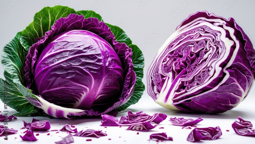 Poster purple cabbage with whole head and sliced half displaying vibrant texture and color on white backgro