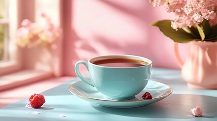 Fototapeta premium A blue cup with a white saucer sits on a table with a pink background