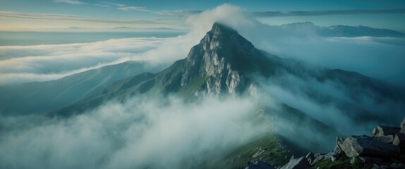 Naklejka premium Majestic Mountain Peak Shrouded in Mist with Dramatic Cloudscape Background at Sunrise
