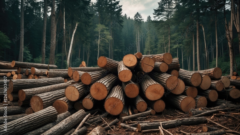 Poster log trunks stacked in a forest showcasing the timber industry and highlighting issues of deforestati