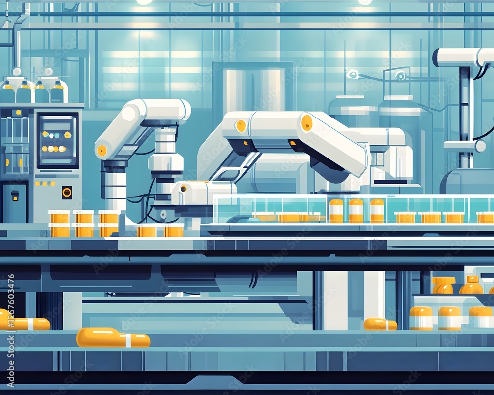 Poster a modern industrial scene depicting advanced robotic arms working in a factory. the background showc