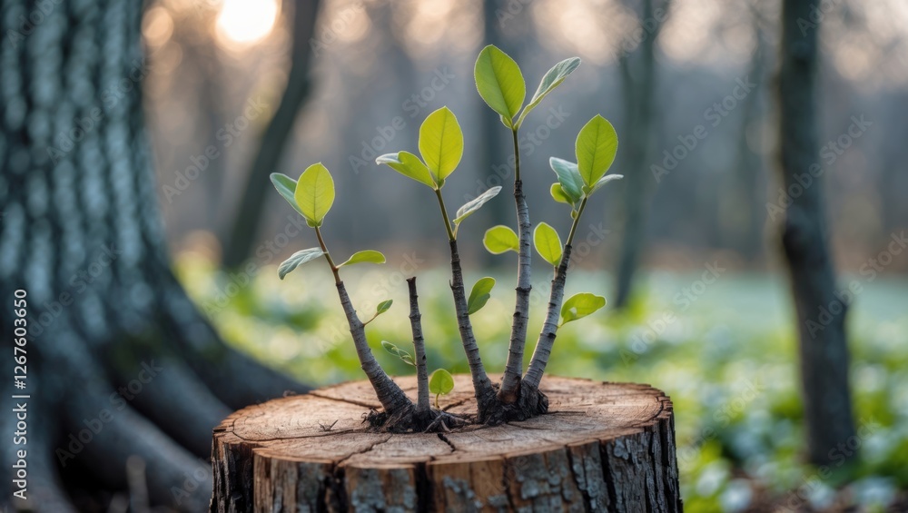 Poster new growth emerging from tree stump in forest setting with soft morning light and blurred background