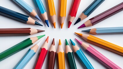 Fototapeta premium Colorful Arrangement of Colored Pencils on a White Background Perfect for Art and Creativity Themes