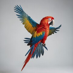 Obraz premium A colorful macaw spreading its wings, bright plumage visible, clear white background.