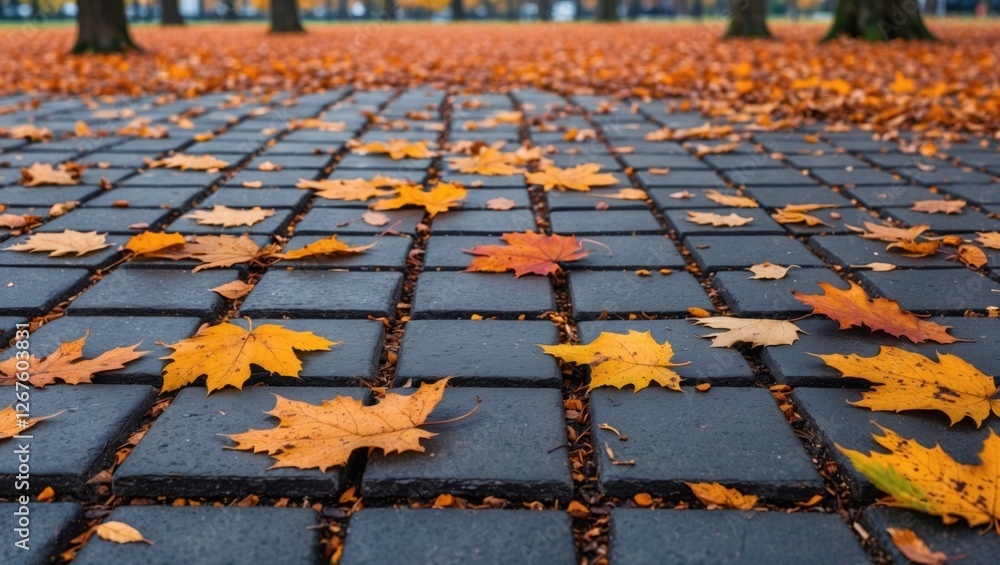 Poster autumn leaves scattered on paved pathways in a serene park setting creating a warm seasonal atmosphe