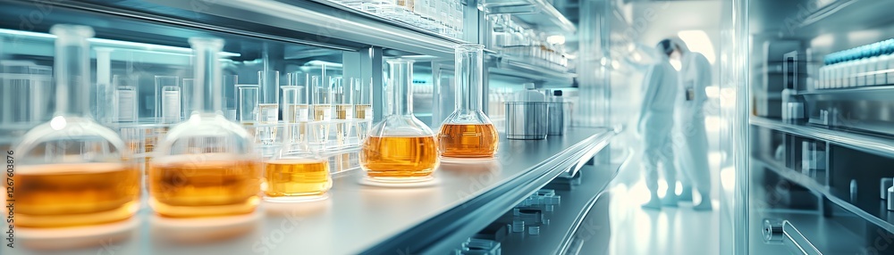 Aufkleber a modern laboratory setting featuring glass flasks with vibrant liquids. scientists collaborate in t