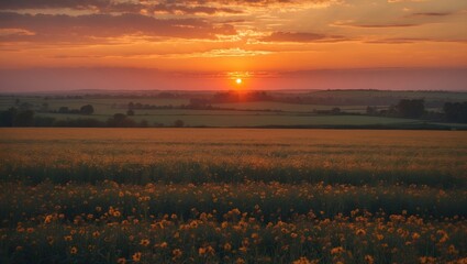 Serene Sunset Over Vibrant Yellow Fields With Ample Space For Textual Overlay