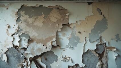 damaged wall surface with peeling paint and mold growth indicating neglect and moisture issues in a deteriorating interior environment