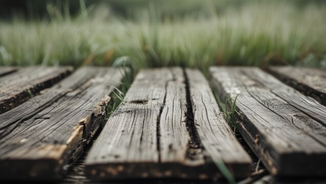 Weathered wooden planks with blurred green grass creating a natural backdrop for product placement and organic themed visuals.