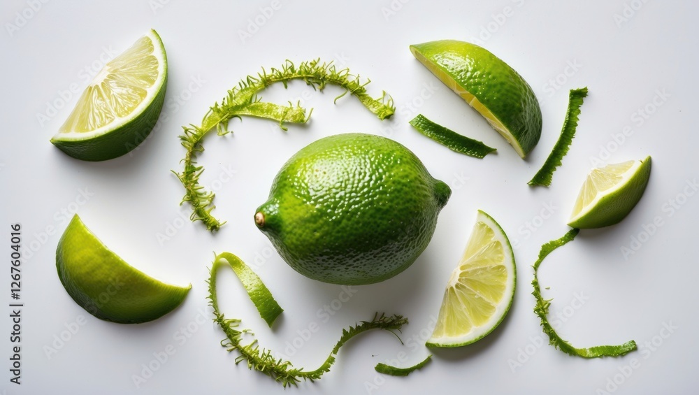 Poster fresh lime fruit and zest on white background with lime slices and peel providing space for text or 