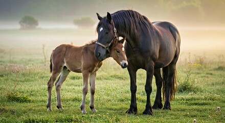 Obraz premium A Friesian Mare Nuzzling Her Young Foal in a Sunlit Pasture. the Foal’S Small