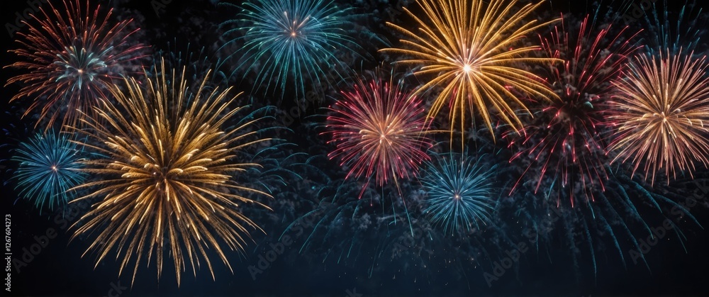 Poster colorful fireworks display in night sky with blank space for custom text or message