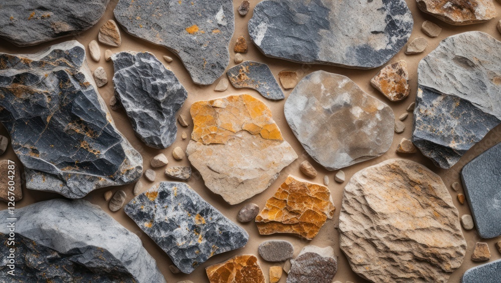 Poster diverse natural stone texture and surface with various colors and shapes ideal for backgrounds and d