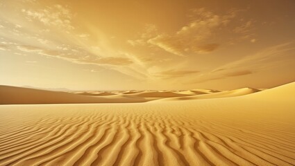 Desert landscape during sunset with rippled sand dunes and dramatic clouds in a warm color palette Copy Space