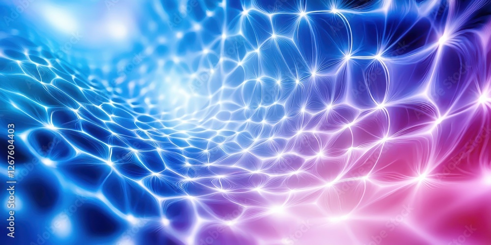 Poster a mesmerizing abstract design featuring flowing waves of blue and pink light, creating a sense of de