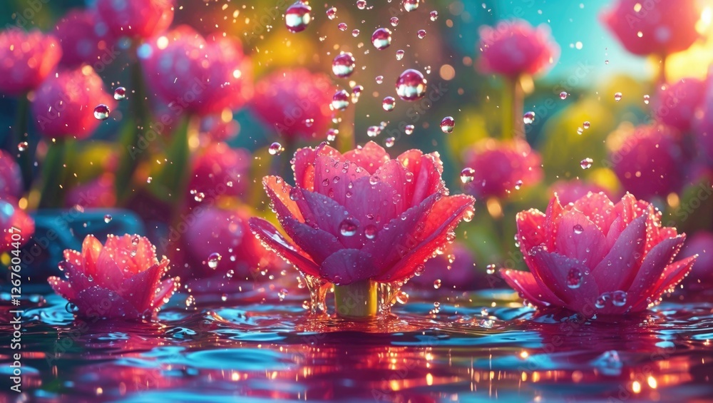 Poster vibrant water lilies surrounded by sparkling water droplets in a serene setting creating a tranquil 