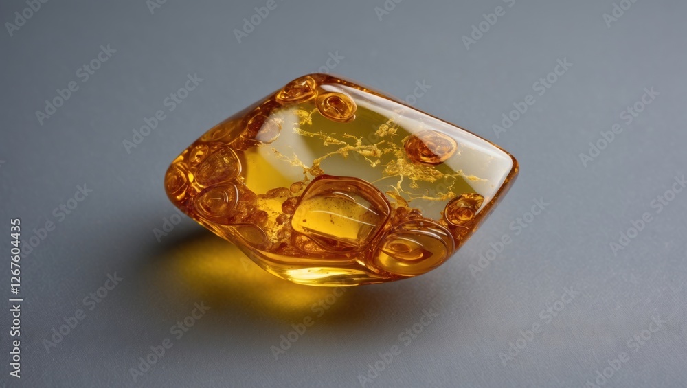 Poster amber gemstone with inclusions placed on a gray background showcasing details and texture with copy 