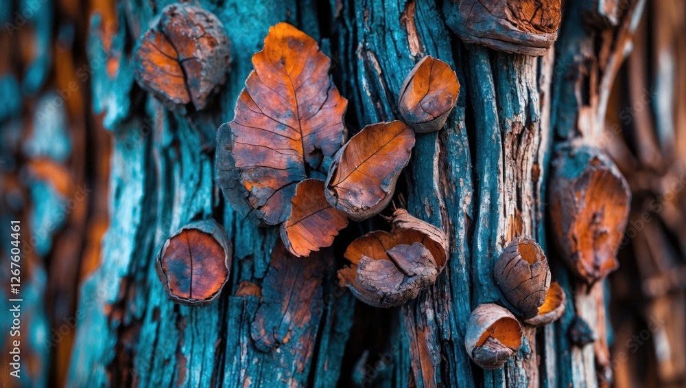 Poster textured bark of an old tree adorned with colorful leaves and nuts creating a natural artistic compo