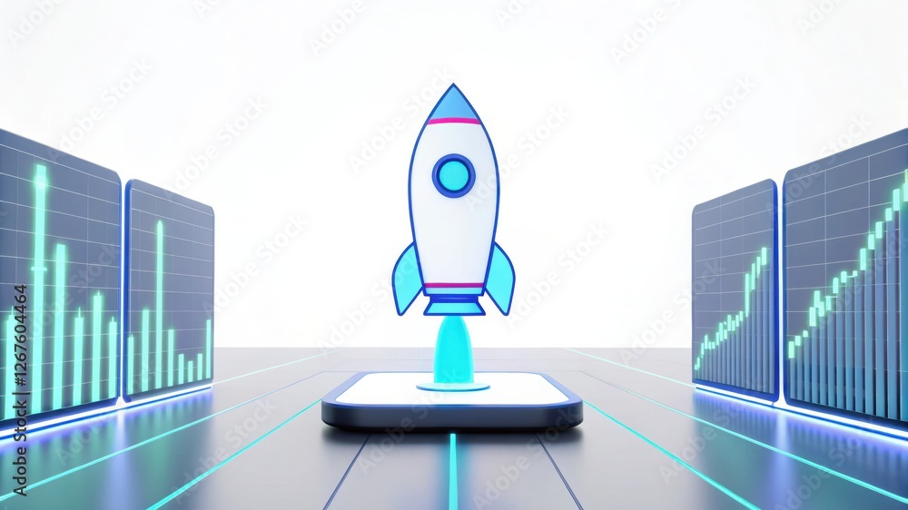 Leinwandbilder rocket launching from a smartphone with digital graphs in the background.
