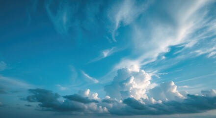 Obraz premium Serene blue sky with soft white clouds displaying grainy texture and gentle motion blur in shallow depth of field for a dreamy atmosphere.