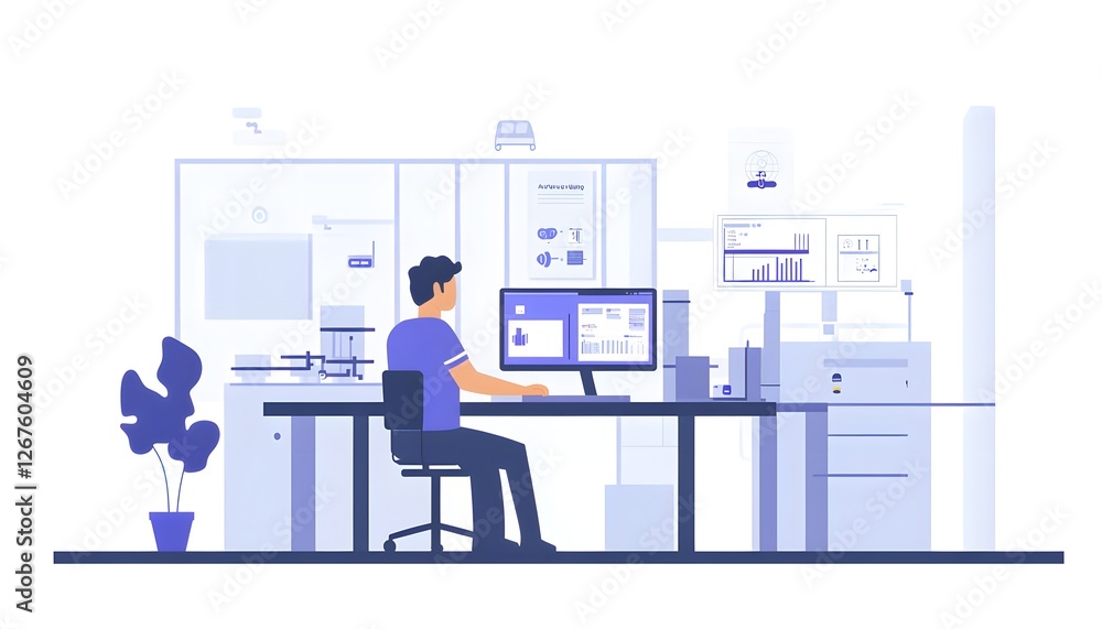 Poster a modern workspace featuring a man working on a computer at a desk. the office environment is sleek 
