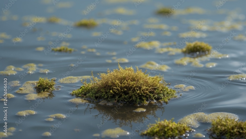 Poster moss floating on still water surface with ripples and empty space for text overlay