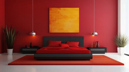 Red and black bedroom interior with an abstract orange painting on the wall, and a red carpet in front of the bed